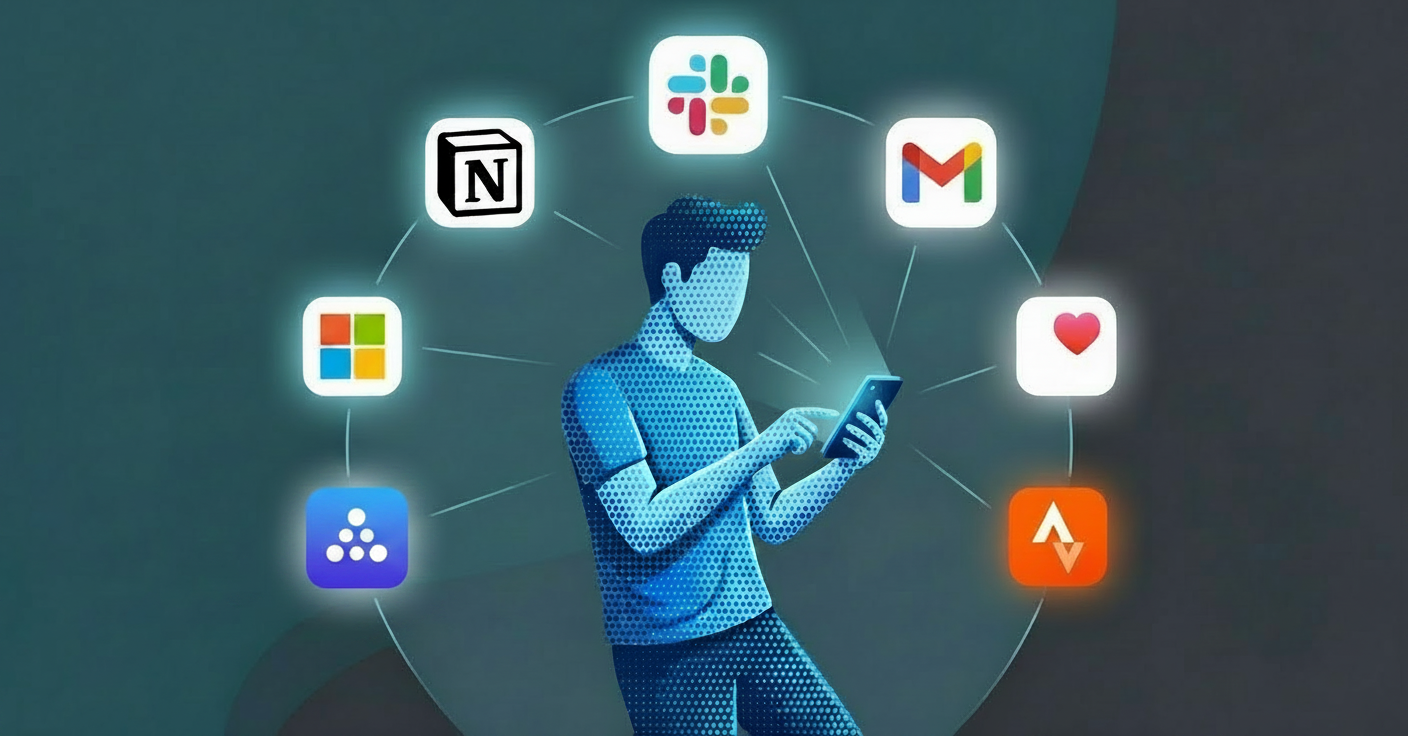 A friendly AI agent figure standing amid a soft cloud of personal data and small surface icons